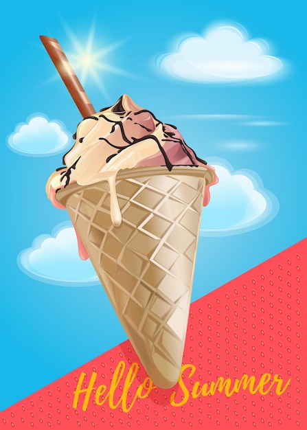 Summer poster with ice cream in sky