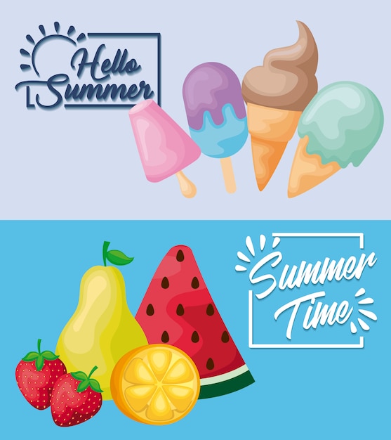 summer poster with ice creams and set fruits