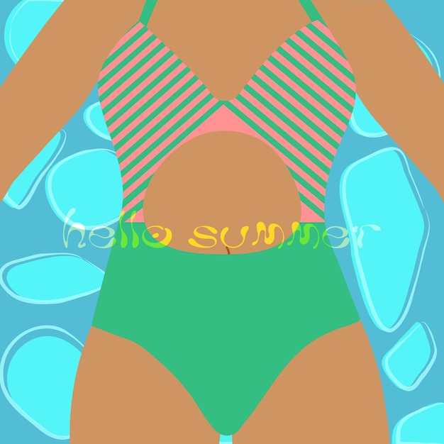 Summer poster with a tanned girl swimming in a pool Hello summer