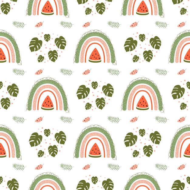 Summer rainbow pattern Cute watermelon pattern Summer fruit rainbow tropical leaves seamless background