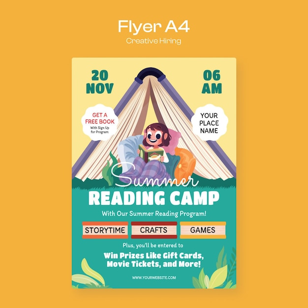 Vector summer reading camp flyer yellow