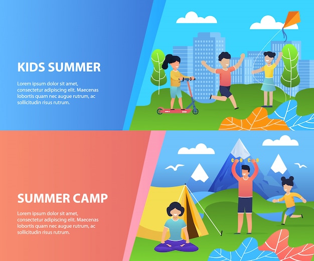 Summer Recreation for Kids Banner template Set. Cartoon Happy Children Have Fun, Rest, Spend Joyful Time in City Park and Campground in Mountains Valley.