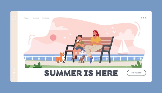 Summer Recreation Landing Page Template Little Boy and Mother Eating Ice Cream Sitting on Bench at Embankment