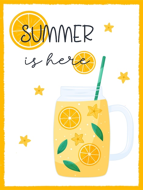 Summer rectangular card with orange lemonade in a jar Citrus fruits and mint leaves Refreshing drink Postcard with the words Summer is here Vector illustration in a flat cartoon style on white