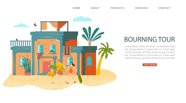 Summer rest, bourning tour inscription on website , hot vacation, tropical tourism,     illustration. Background information concept for onlain travel, healthy leisure.