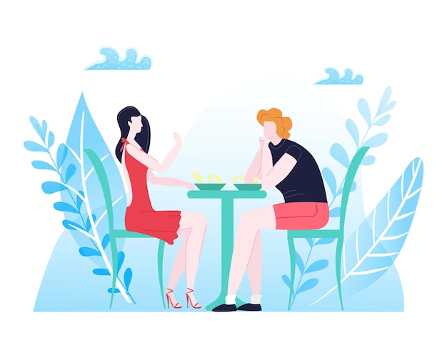 Summer rest, couple love composition, happy man, romantic setting, dinner for two,     illustration. Young people spend time together, romance guy and girl sitting at table.