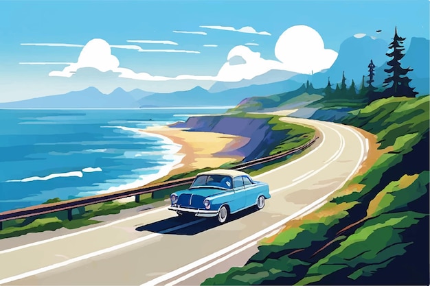 Vector summer road trip adventure car driving along a scenic coastal highway with winding road sea view