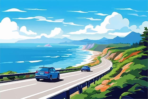 Vector summer road trip adventure car driving along a scenic coastal highway with winding roads sea view