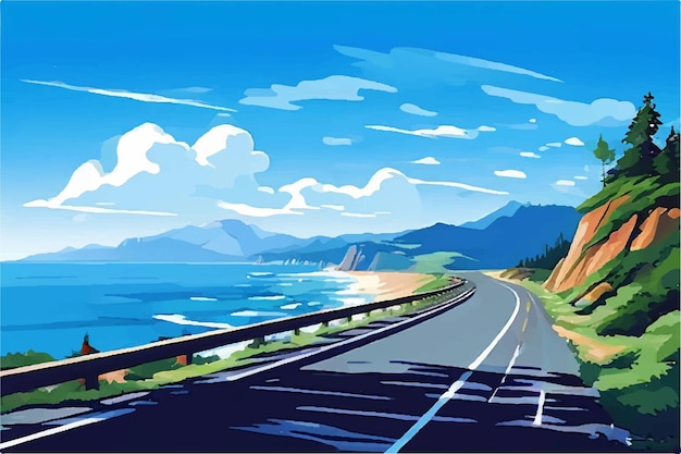 Vector summer road trip adventure a scenic coastal highway with winding roads breathtaking ocean views