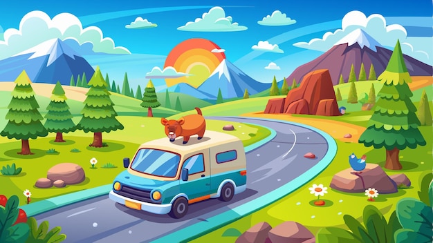 Vector summer road trip adventure with a trailer on a highway amidst natures canvas