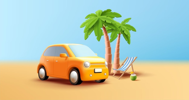 Summer road trip to the beach on yellow 3d car palms and beach chair with coconut cocktail render