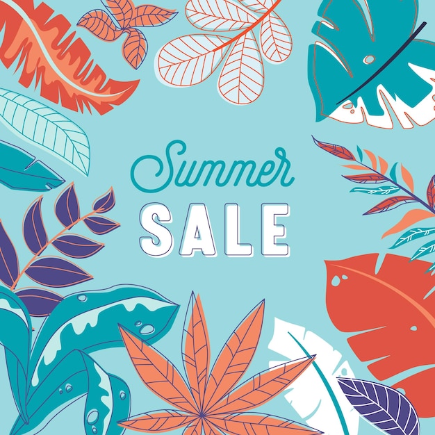 Summer Sale Banner, Abstract Floral Background in Doodle Watercolor Style with Botanical Ornament. Leaves and Grass Pattern, Promo Advertising Poster, Store Discount Flyer. Cartoon Vector Illustration