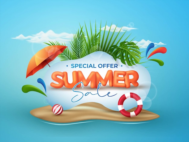 Summer sale banner background design with 3d tropical elements on blue beach background