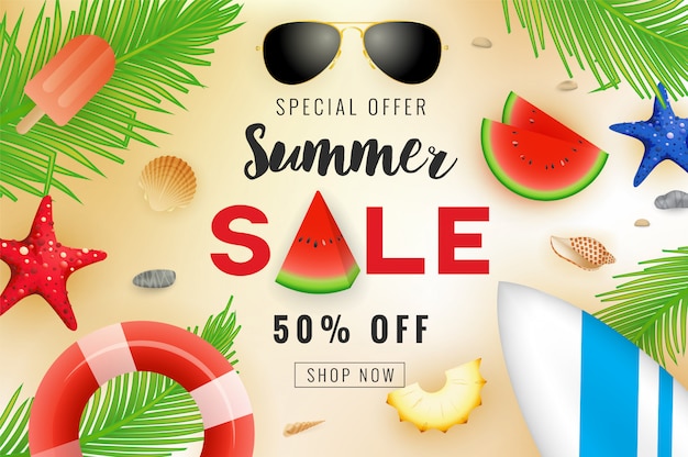 Summer sale banner background design with summer decoration