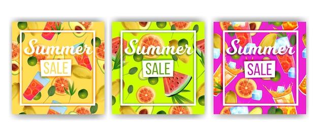 Vector summer sale banner collection discount set tropical fruit cold beverages watermelon