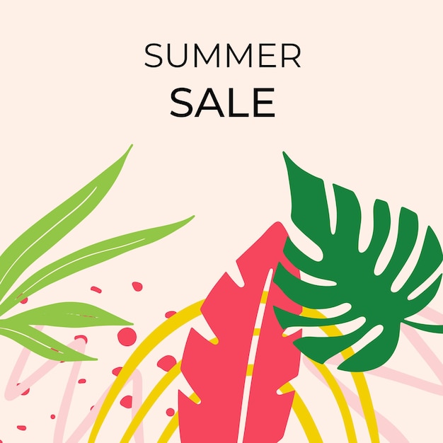 Summer sale banner design with tropical leaves background. Floral background vector. Palm leaves, monstera leaf, botanical background design for wall framed prints, wall art, invitation, poster