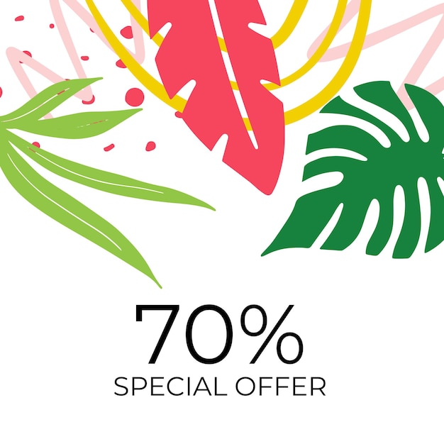 Summer sale banner design with tropical leaves background. Floral background vector. Palm leaves, monstera leaf, botanical background design for wall framed prints, wall art, invitation, poster