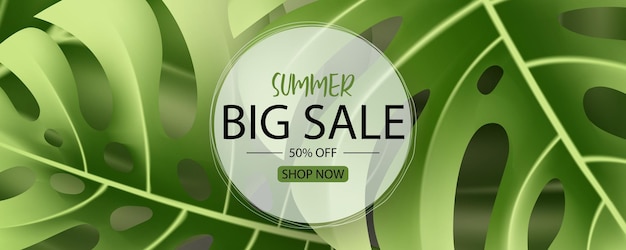 Summer sale banner design with tropical leaves background