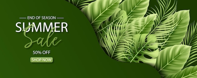 Vector summer sale banner design with tropical leaves background