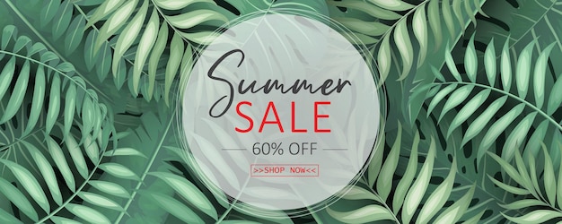 Summer sale banner design with tropical leaves  