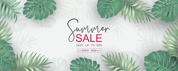 Summer sale banner design with tropical leaves  