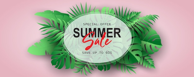 Summer sale banner design with tropical leaves