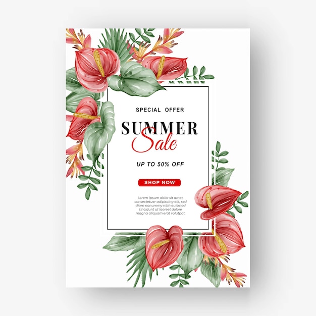 Summer sale banner flyer with greenery tropical leaf watercolorsummer sale banner flyer with greenery tropical leaf and anthurium watercolor