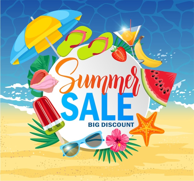 Summer Sale banner for hot season with beach holiday elements Discount poster with tropical leaves