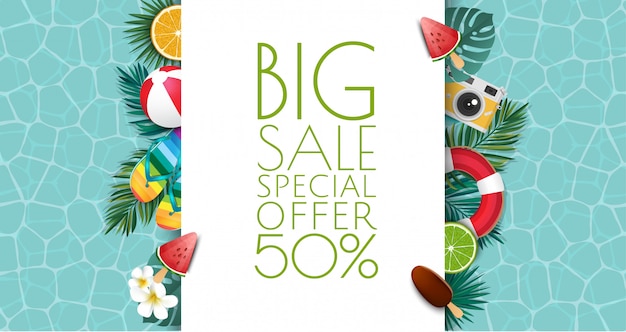 Summer sale banner illustration. Tropical frame with sand beach, water, leaves and fruits, ice cream.