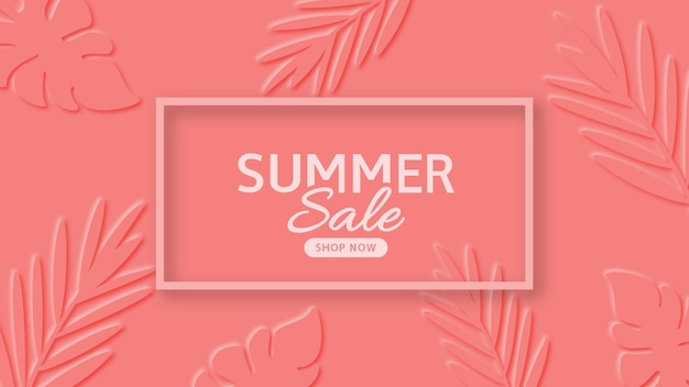 Summer sale banner. Palm leaves tropical composition design wallpaper.