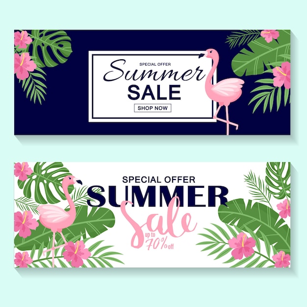 Summer sale banner, poster with palm leaves, flowers, jungle leaf and handwriting lettering. Floral tropical summer background. Vector