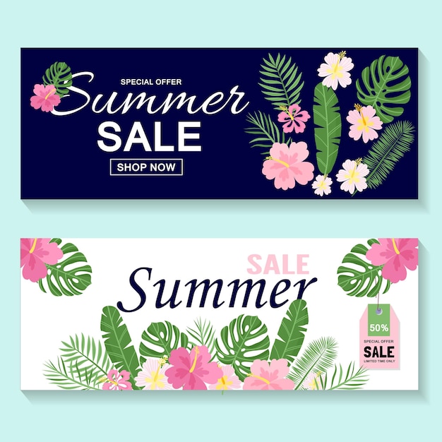 Summer sale banner, poster with palm leaves, flowers, jungle leaf and handwriting lettering. Floral tropical summer background. Vector