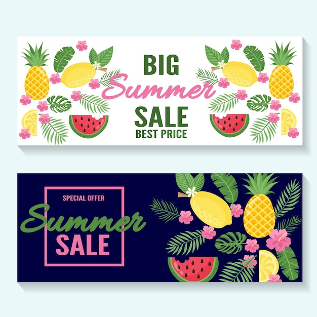 Summer sale banner, poster with palm leaves, flowers, jungle leaf and handwriting lettering. Floral tropical summer background. Vector