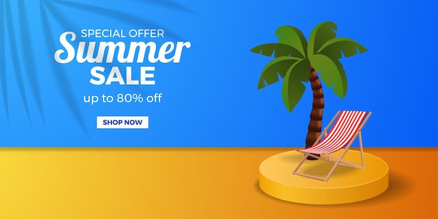 Summer sale banner promotion discount banner with cylinder podium display with coconut tree with chair and blue and orange