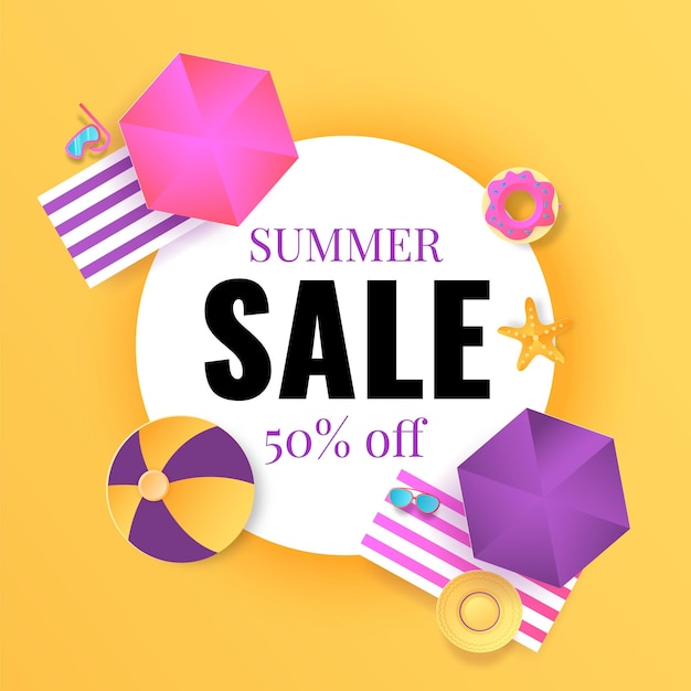 Summer sale banner Seasonal discount Cartoon promotion poster Special offers and price reduce Colorful flyer with decorative elements and lettering Vector advertising template