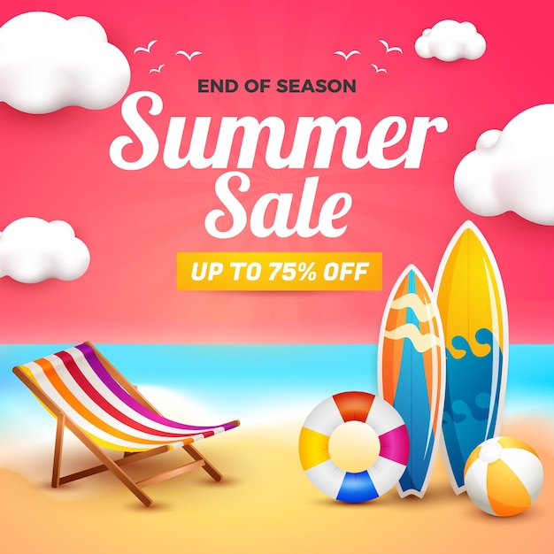 Summer sale banner for social media flyer with 3d beach element cartoon style