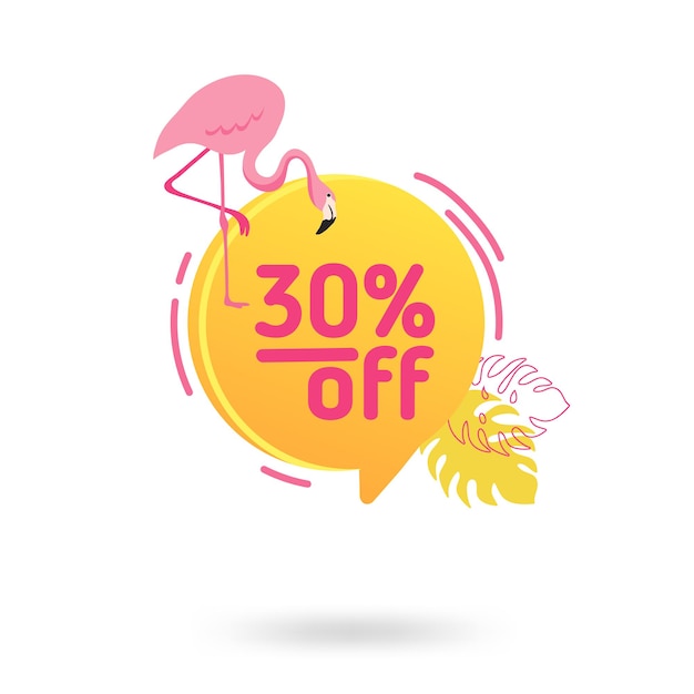 Summer sale banner template. Liquid abstract geometric speech bubble with tropic flowers and flamingo, Tropical backdrop, Promo badge for seasonal offer, promotion, advertising. Vector illustration