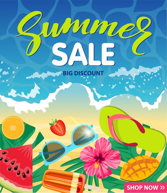 Summer sale banner template sale hot season discount poster with swim ring flip flops starfish Promo