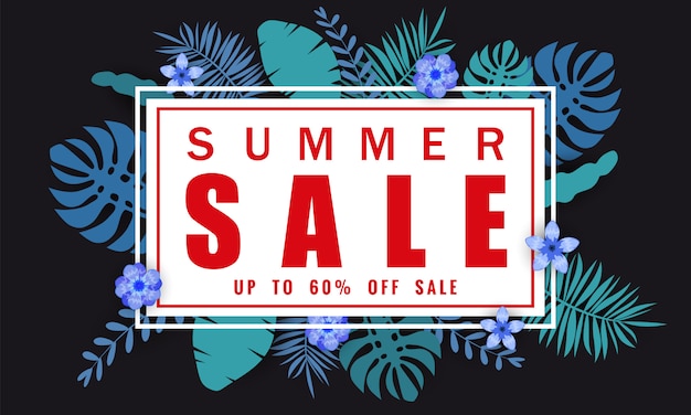 Summer sale banner template for seasonal sales with tropical leaves background, color exotic floral design banner