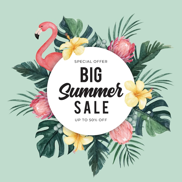 Summer Sale Banner template with watercolor flamingo and tropical floral Illustration