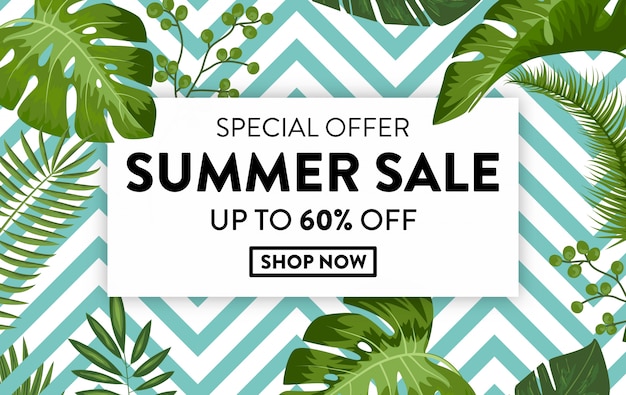 Summer sale banner on tropical jungle background