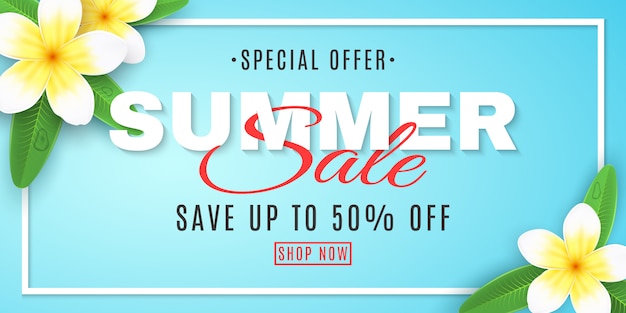 Summer sale banner for web. Plumeria flowers on blue background in frame.