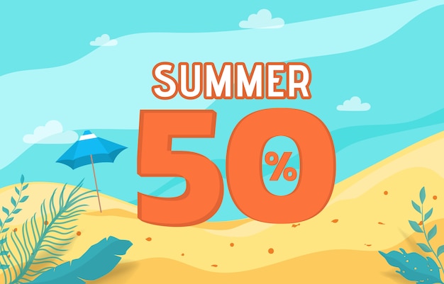 Summer sale banner with beach scene.