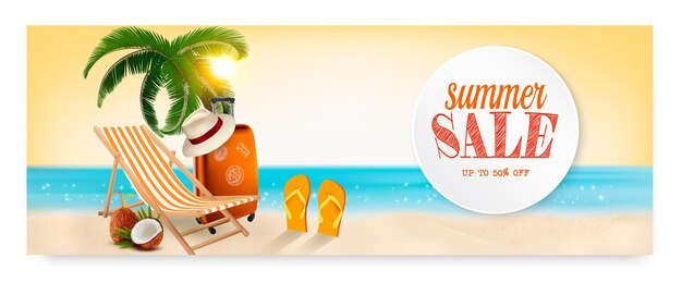 Vector summer sale banner with a beach vacation background