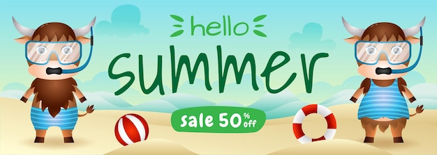 Summer sale banner with a cute buffalo couple using snorkeling costume in beach