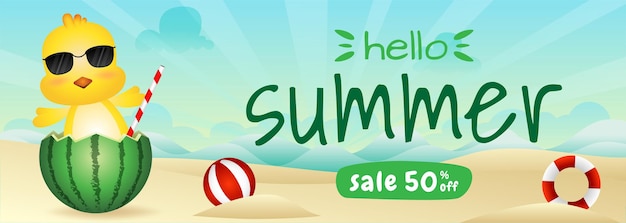 Summer sale banner with a cute chick in the watermelon