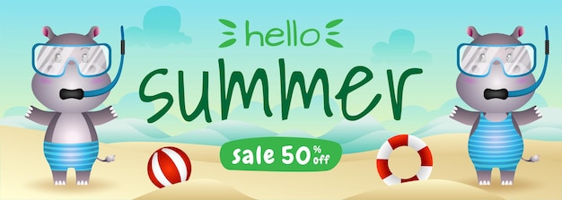 Summer sale banner with a cute hippo couple using snorkeling costume in beach