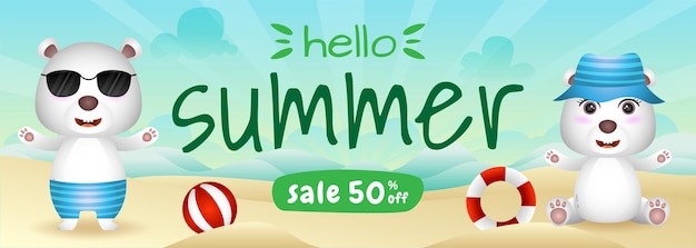 Summer sale banner with a cute polar bear in beach