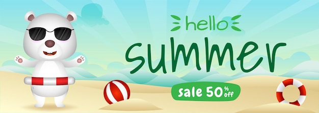 Summer sale banner with a cute polar bear using lifebuoy ring