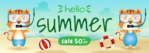 Summer sale banner with a cute tiger couple using snorkeling costume in beach